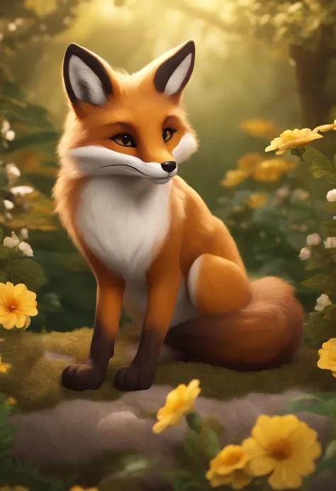 A fox, (a monster girl), long brown ears with dark brown interiors, brown fur, sun-kissed cotton-like fur on the neck, fluffy tail with brown color and a yellow-brown tip, large brown eyes, wearing modest attire, sitting in a flower garden, masterpiece, be...