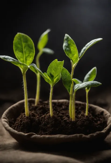 Capture an image of five soybean seedlings planted in bags approximately four inches tall, exibindo folhas com manchas, highlighting the texture and coloration of the spots for a clear and detailed representation