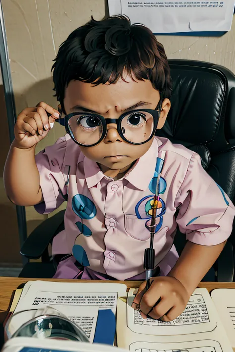 um menino de 3 anos, com traje de detetive, using a magnifying glass inside an office