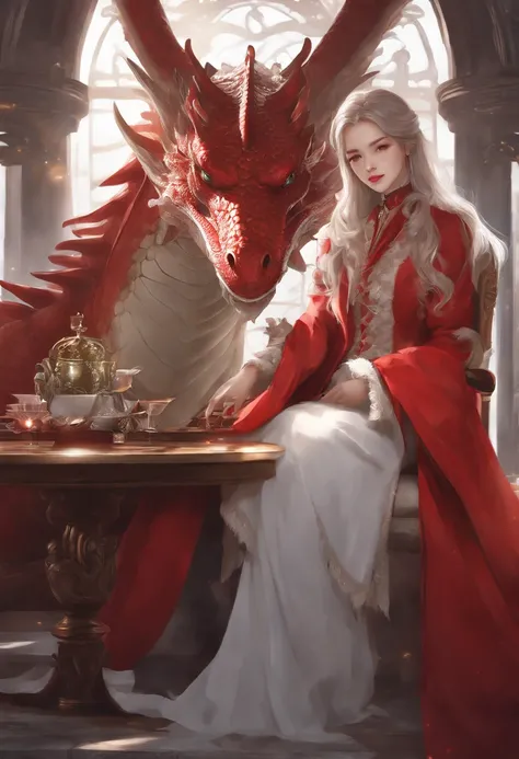 A woman in a red coat sitting on a chair with a dragon, popular on ArtStation Pixiv, detailed anime artwork, detailed digital anime art, complex gorgeous anime CGI style, guvez on pixiv art station, guvez on pixiv, anime fantasy illustration, detailed anim...