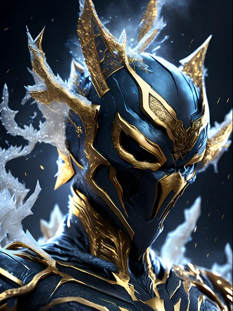 close-up ( frozen gold venom from marvel in goth style: 1.3) emerging from the venomous ice, extremely detailed, smoke, sparks, ...