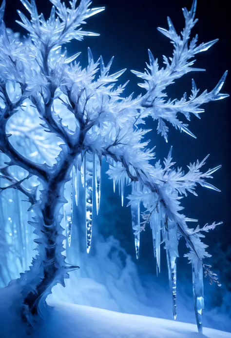 experience the ethereal beauty of rime ice art, delicate layers of frost and intricate patterns, stunning canvas of frozen beauty cherry blossoms, brushstrokes create stunning sculptures that seem to defy gravity, Indulge in the mesmerizing allure, glisten...