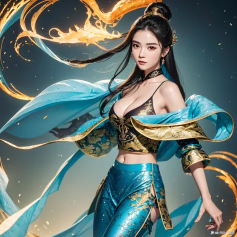 cinematic cgsociety，Flying Nine-Tailed Light Blue Sky Division Flame Long-haired Fox Star，een Erotica，Torch night black golden orange brocade silk snake print silk pants，Rouge diamond tulle sheer lizard-patterned leggings，Fat woman space fly in the snow，Fr...