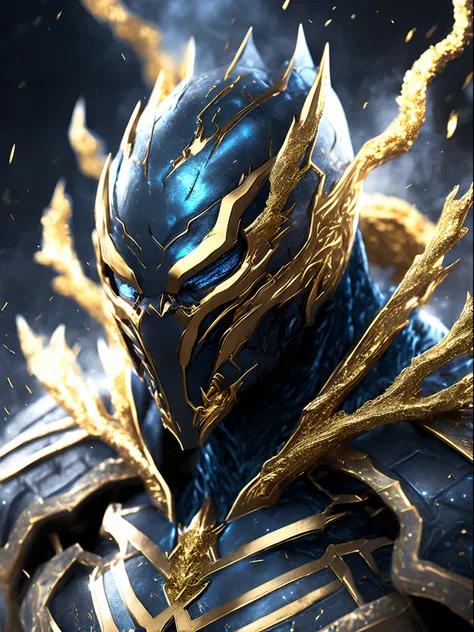 Close-up ( frozen gold venom from Marvel in Goth style: 1.3) emerging from the venomous ice, extremely detailed, smoke, sparks, metal shavings, flying debris, volumetric light