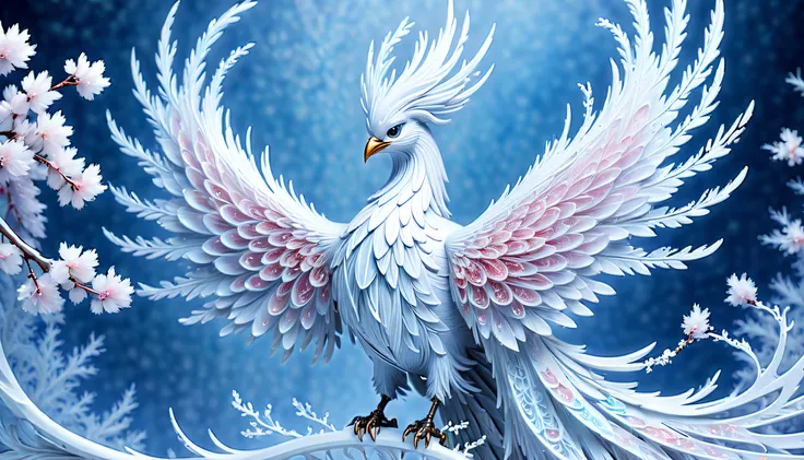 (((majestic and divine phoenix of in the ethereal beauty rime ice:1.3))), (((rime ice:1.3))), feathers glistening in the light, delicate layers of frost and intricate patterns, stunning canvas of frozen beauty cherry blossoms, brushstrokes create stunning ...