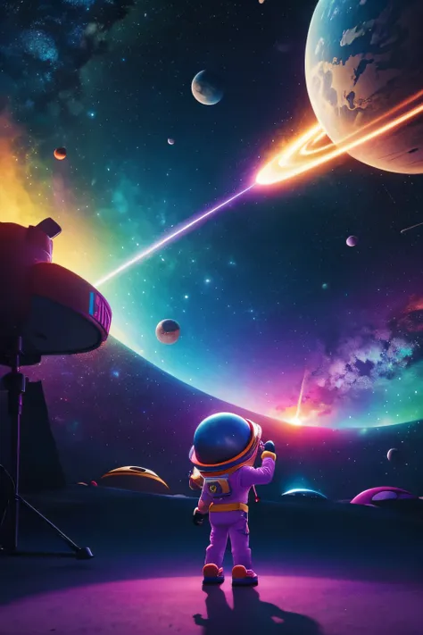 Create vibrant, colorful, space Pixar-style scene