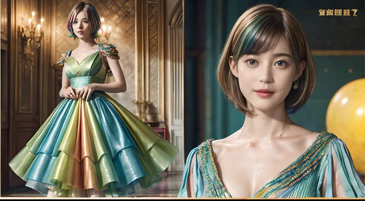 72
(20-year-old princess,is standing), (A hyper-realistic), (Masterpiece), ((colourfull、short-hair:1.5)), (Silky hair), (breast:0.9), (kindly smile:0.8), lipsticks, (Luxurious dresses:1.46), Ball in a stately palace