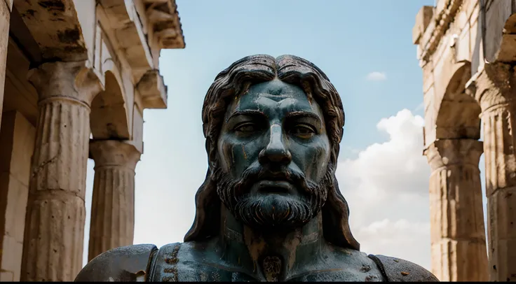 Ancient Stoic Statue With Very Angry Expression, tem barba, muitos detalhes em ambos os olhos, Outside, fundo atenas grego, open sky, com rosto extremamente detalhado full body view, Colors with low saturation with dark tone, Filmado em Sony A7S III com So...