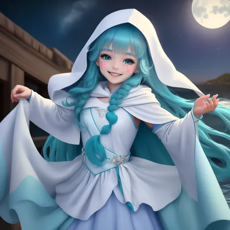 Cardamom girl with long aqua blue hair，Bend a pair of turquoise eyes，The smile is tranquil and healing，She was masked，A princess dressed in a blue petal dress，He wears a white hood and cape，Dancing in the moonlight looking at the sea