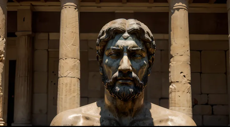 Ancient Stoic Statue With Very Angry Expression, tem barba, muitos detalhes em ambos os olhos, Outside, fundo atenas grego, open sky, com rosto extremamente detalhado full body view, Colors with low saturation with dark tone, Filmado em Sony A7S III com So...