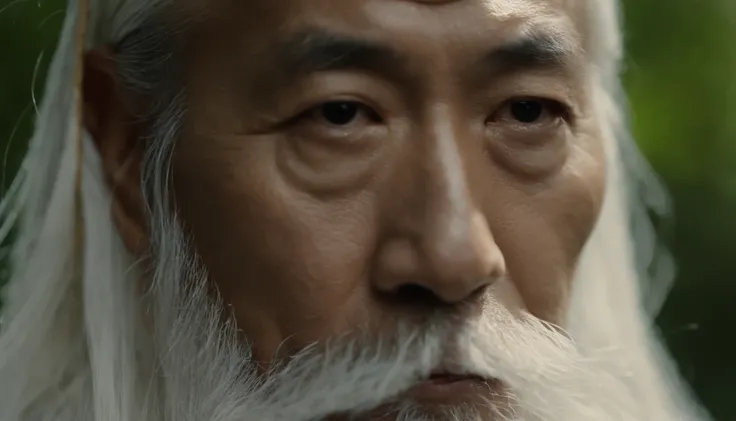 30-year-old Asian middle-aged Taoist elder sedentary close-up,long  white hair，Meditate with your eyes closed，Has a white beard，Meditation cross-legged，Daoism, wearing long white togas，magic aura，Taoist master,Taoist，kosmos，at centre，Face the lens，Very bri...