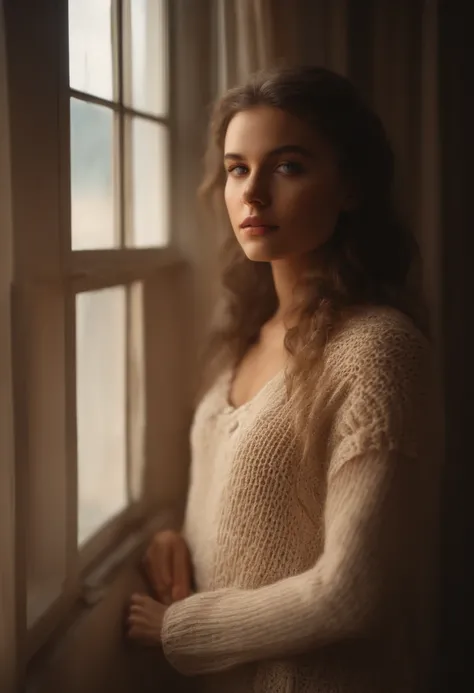 a beautiful girl is standing in front of a window, in the style of soft, atmospheric lighting, strong facial expression, goosepunk, vray tracing, kodak portra, white and beige, knitted and crocheted --ar 45:64