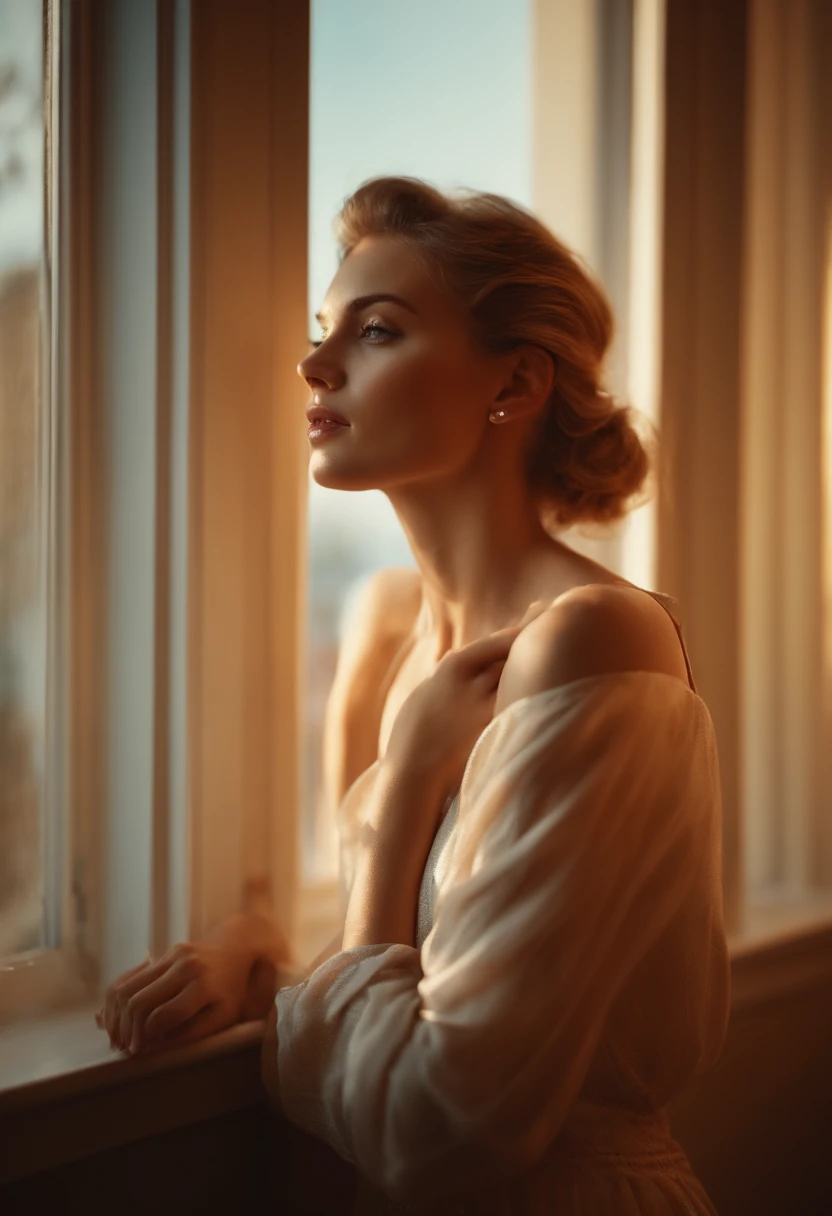 a woman leaning by the window and posing, in the style of portraits with soft lighting, guy aroch, 32k uhd, anastasiya dobrovolskaya, close-up, strong facial expression, vray tracing --ar 45:64