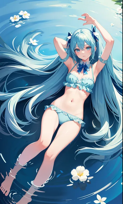 1girl in、AS-Adult、Cute underwear、Full body portrait、miku hatsune，clean，​masterpiece，Beautiful fece，flowingwater，The background is cobalt blue，effect，neon color，Glossy Hair，White underwear，White ribbon，Southland，Open，Tropical