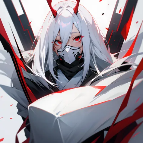 White haired Anime character with full face mask and red eyes