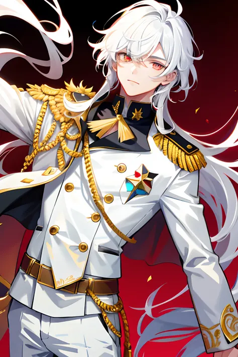 1   boy，cool guy，Medium long hair in white color，Military style，Shiny，Red left eye，The right eye is yellow，looking at viewert，The upper part of the body，