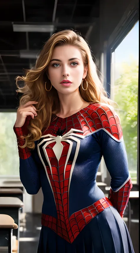 ((peter parker in spiderman uniform)), girl body, model body, big blue eyes, small breasts, long legs, medium hoop earrings, spi...