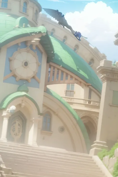 a picture taken from the ground of a cartoon castle with a flying girl, castle in the sky style, castle in the sky, miyazakis animated film, studio ghibli and shinkai makoto, ghibli animated film, ghibli film, miyazaki film, studio ghibli movie, in style o...