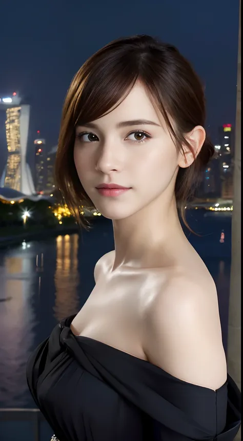 (A hyper-realistic), (hight resolution), (8K), (ighly detailed),  (beatiful detailed eyes), (top-quality), (ultra-detailliert), (​masterpiece), (A detailed face), softfocus、face of emma watson、Colossal tits、japanes、Singapore、Marina Bay Sands in the backgro...