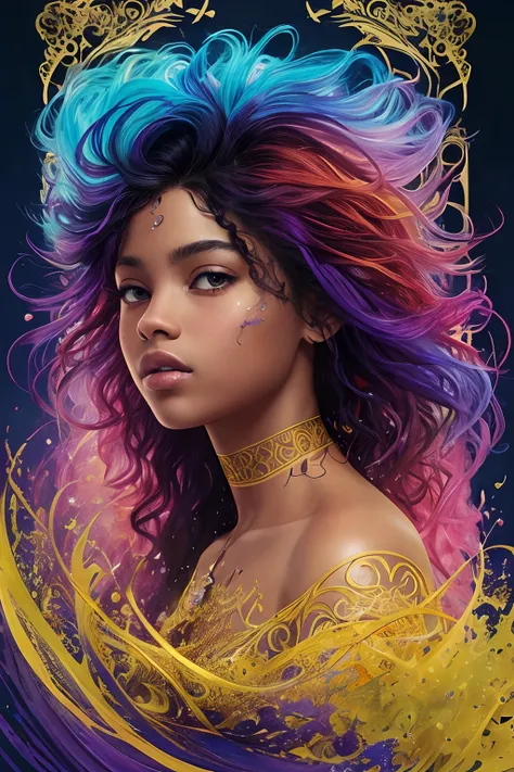 Colorful beautiful black skinned girlgirl: Gil 8 years old, messy hair, soft skin perfect face, blue-yellow color, light purple and purple addition, bright red addition, intricate details, splash screen, 8k resolution, masterpiece, cute face, artstation di...