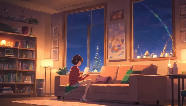 Girl sitting listening to music in a cozy room at night, Christmas decoration. Usando fones de ouvido, Anime estilo 2D, Lo-fi, disco Rigido, Ambiente escuro