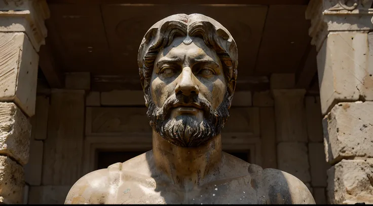 Ancient Stoic Statue With Very Angry Expression, tem barba, muitos detalhes em ambos os olhos, Outside, fundo atenas grego, open sky, com rosto extremamente detalhado full body view, Colors with low saturation with dark tone, Filmado em Sony A7S III com So...