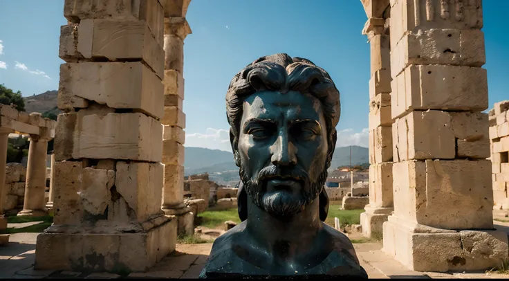 Ancient Stoic Statue With Very Angry Expression, tem barba, muitos detalhes em ambos os olhos, Outside, fundo atenas grego, open sky, com rosto extremamente detalhado full body view, Colors with low saturation with dark tone, Filmado em Sony A7S III com So...