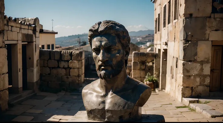 Ancient Stoic Statue With Very Angry Expression, tem barba, muitos detalhes em ambos os olhos, Outside, fundo atenas grego, open sky, com rosto extremamente detalhado full body view, Colors with low saturation with dark tone, Filmado em Sony A7S III com So...