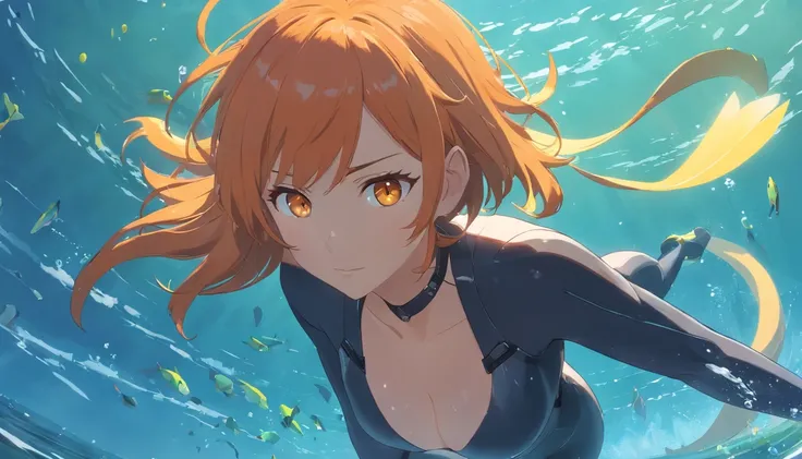 1 female、Orange hair、huge tit、Big ass、Black rubber suit、yellow  eyes、Turn your butt、Kakiage Bob、under the water