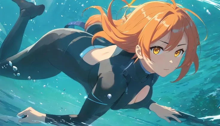 1 female、Orange hair、huge tit、Big ass、Black rubber suit、yellow  eyes、Turn your butt、Kakiage Bob、under the water