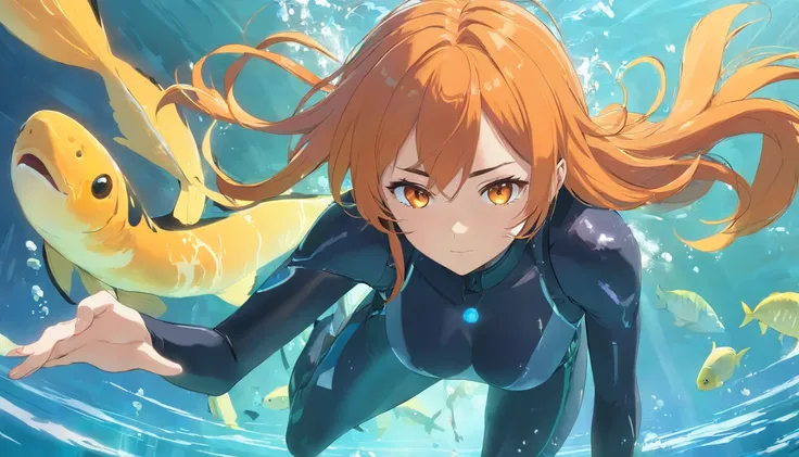 1 female、Orange hair、huge tit、Big ass、Black rubber suit、yellow  eyes、Turn your butt、Kakiage Bob、under the water