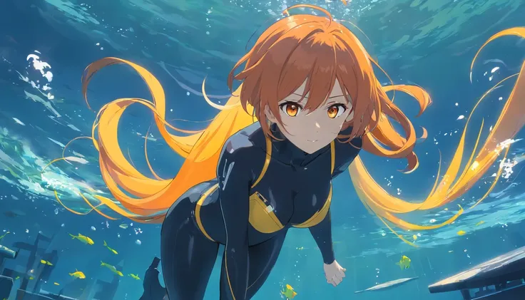 1 female、Orange hair、huge tit、Huge ass、Black rubber suit、yellow  eyes、under the water