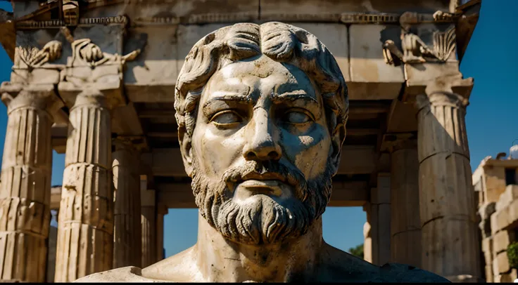 Ancient Stoic Statue With Very Angry Expression, tem barba, muitos detalhes em ambos os olhos, Outside, fundo atenas grego, open sky, com rosto extremamente detalhado full body view, Colors with low saturation with dark tone, Filmado em Sony A7S III com So...