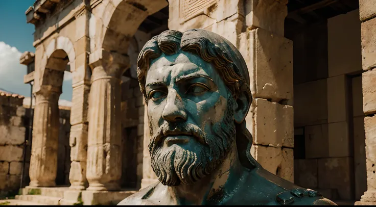 Ancient Stoic Statue With Very Angry Expression, tem barba, muitos detalhes em ambos os olhos, Outside, fundo atenas grego, open sky, com rosto extremamente detalhado full body view, Colors with low saturation with dark tone, Filmado em Sony A7S III com So...