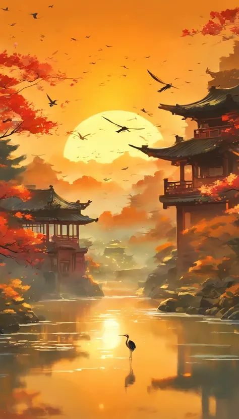 China ink painting，ink，The sunset and the solitary crane fly together，The autumn water is the same for a long time，The beauty of ancient poetry，the setting sun，Wild geese in the sky in the distance，Ancient buildings are scattered，