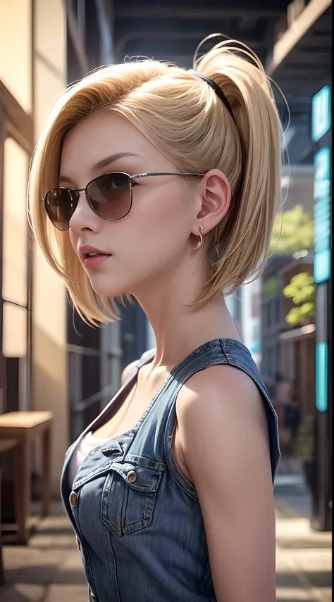 Best Quality, hight resolution, and18, 1girl in, Android 18, Solo, Blonde hair, Blue eyes, Short hair, A smile，earrings, Jewelry, Denim Vest, open vest, white t-shirts，damage jeans，Wearing sunglasses，tiny chest, Pose with your buttocks sticking out and tur...