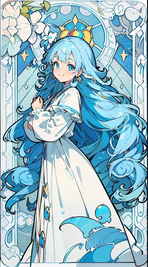 (The skin is not exposed, Long sleeve blouse with ruffles), (Solo), Very cute girl (1), Colorful arched stained glass on background, classic, sunlight shining through, ((Super long blue hair,  Curled hair tips, Earring Color)), (Super smile), Dynamism, (Bl...