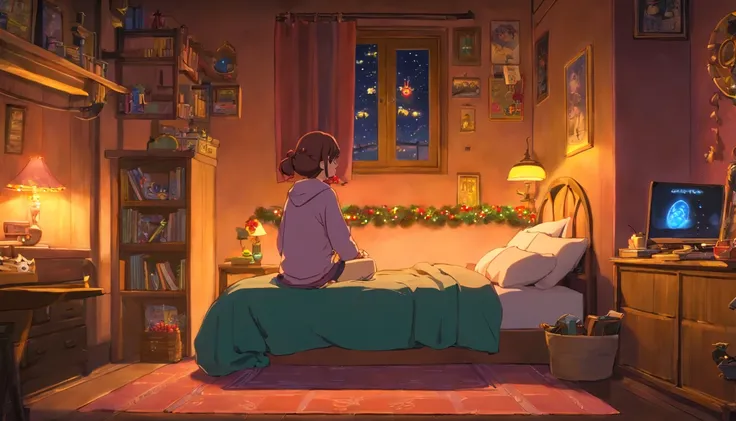 Girl listening to music in a cozy room at night, lareira uma mesa com um computador, Christmas decoration. Usando fones de ouvido, Anime estilo 2D, Lo-fi, disco Rigido, Ambiente escuro --ar 16:9