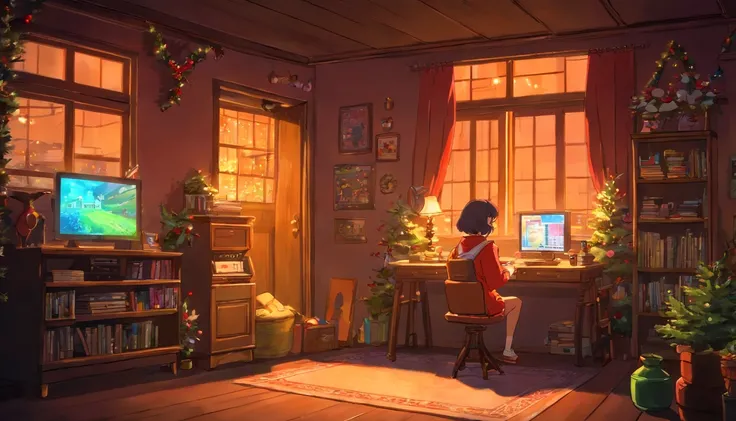 Girl listening to music in a cozy room at night, lareira uma mesa com um computador, Christmas decoration. Usando fones de ouvido, Anime estilo 2D, Lo-fi, disco Rigido, Ambiente escuro --ar 16:9