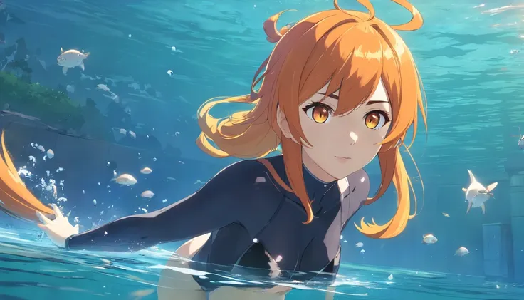 1 female、Orange hair、huge tit、Huge ass、Black rubber suit、yellow  eyes、under the water、White swim cap