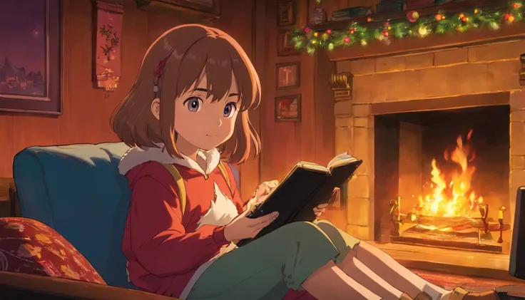 Little girl listening to music in a cozy room at night with a fireplace, mesa com um computador, Christmas decoration. Usando fones de ouvido, Anime estilo 2D, Lo-fi, disco Rigido, Ambiente escuro --ar 16:9