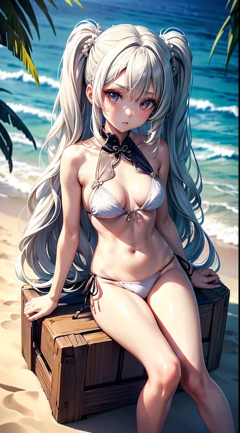 ((Best Quality)), (ultra-detailliert), ((Extremely detailed)), (Beautiful), ((Kawaii Girl)),(two side up hair)、((masutepiece)),Platinum Blonde Hair,Long hair, hair between eye, Wavy Hair, Long sideburns,Jade colored eyes, White skin,Normal Chest,Slender bo...