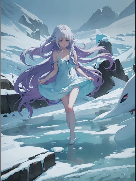 white skin, flat chest, empty eyes, crying, [transparent clothes], snow, "In the chilling Arctic winter, a small petite teen anime girl, flat chest, portrayed in the distinctive style of Japanese anime, stands knee-deep in the icy water, She has very long,...