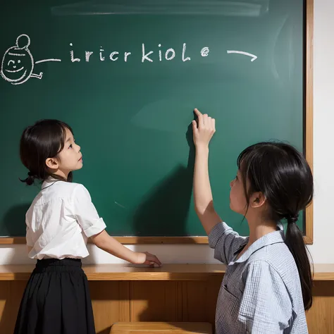 A teacher is writing on a blackboard，The children are listening attentively，Hand drawn cartoon style