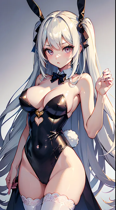 ((Best Quality)), (ultra-detailliert), ((Extremely detailed)), (Beautiful), ((Kawaii Girl)),(two side up hair)、((masutepiece)),Platinum Blonde Hair,Long hair, hair between eye, Wavy Hair, Long sideburns,Jade colored eyes, White skin,Colossal tits、Rabbit ea...