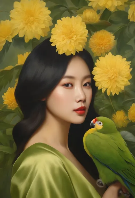 fashion magazine，ultrarealism oil painting，（macaw），Chinese long haired young girl，Light green and powder yellow，Chrysanthemum and plant covering background，The style of artist Bruce Zheng，Huge round chest，shinny hair，cowboy lens，art-deco，Verism，blooms，Awar...