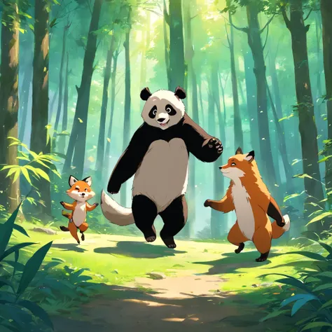 Un singe, A panda and a fox dance happily in the deep forest， pleasing, gai, Amusement，digital painting highly detailed