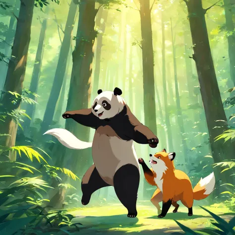 Un singe, A panda and a fox dance happily in the deep forest， pleasing, gai, Amusement，digital painting highly detailed