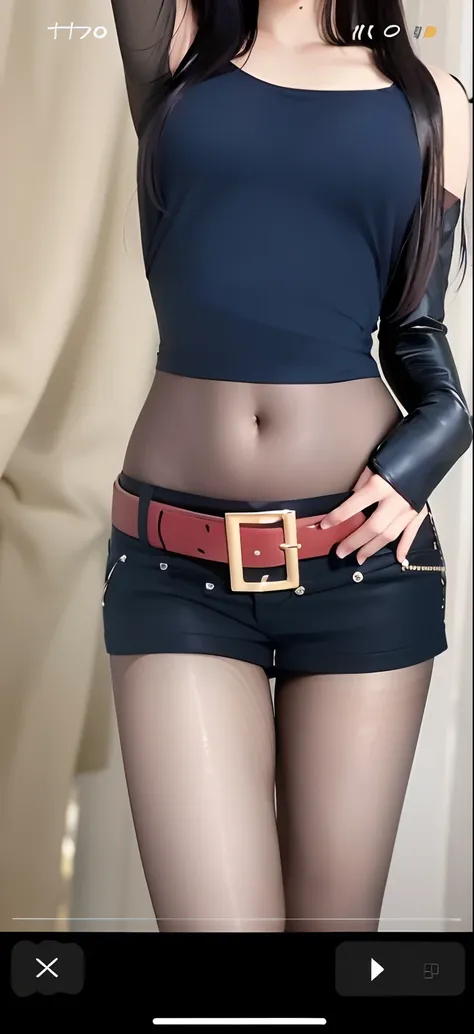 Close-up of a woman in a short skirt and belt, very sexy outfit, Sexy outfit, Sexy look, sexy black shorts, skinny waist and thick hips, middle shot waist up, wearing tight simple clothes, waist - shot, is wearing a shorts, hot pant, Wearing black shorts, ...