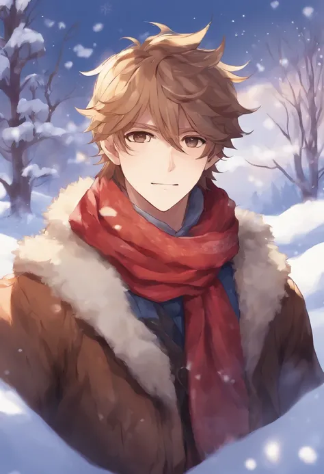 The handsome young man buried his face in a scarf，Stand on the snow，Rub your hands together，style of anime ，in a panoramic view